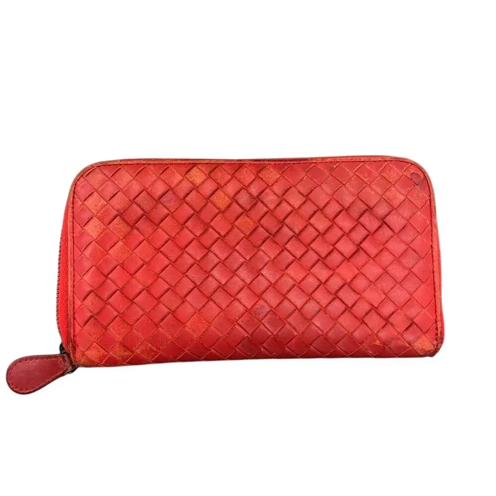 Bottega Veneta Orange Woven Leather Zip Around Wallet - Picture 2 of 10